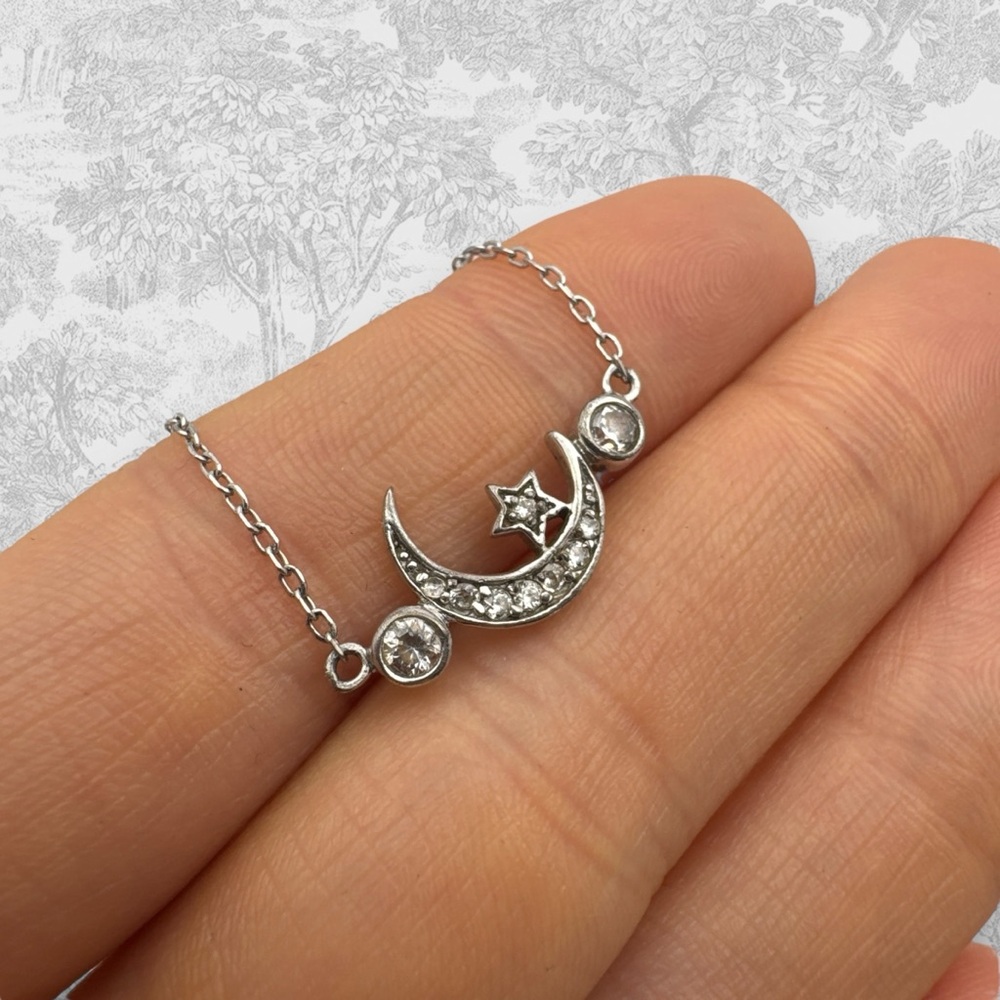 Vintage 2000's Celestial Moon and Stars Sterling Silver CZ Pendant Necklace